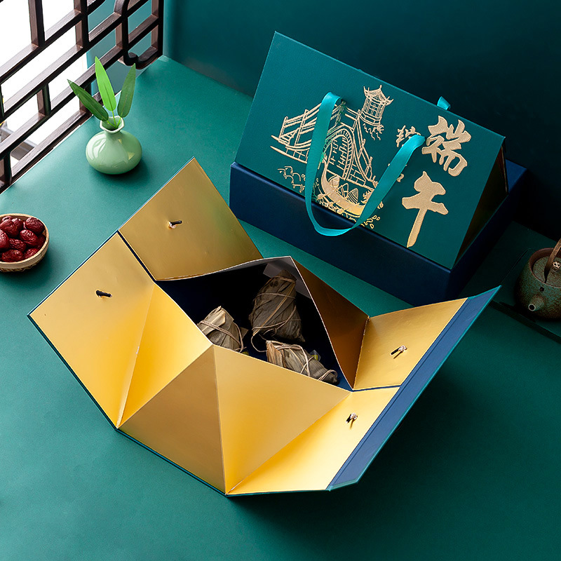 端午节粽子包装盒手提粽子礼盒三角方形磁扣硬白卡粽子礼品盒现货