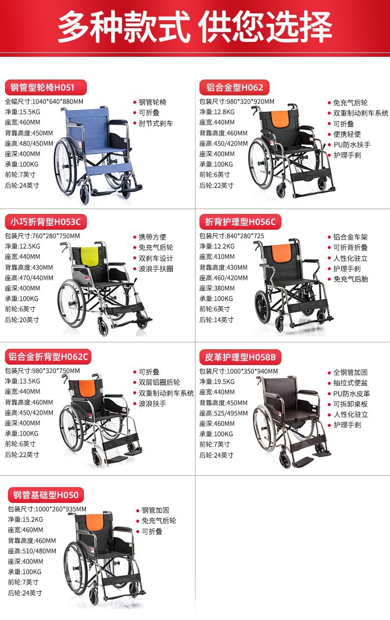 鱼跃轮椅车h058b型 可折叠带便盆带餐桌板老人轮椅钢管充气坐便椅