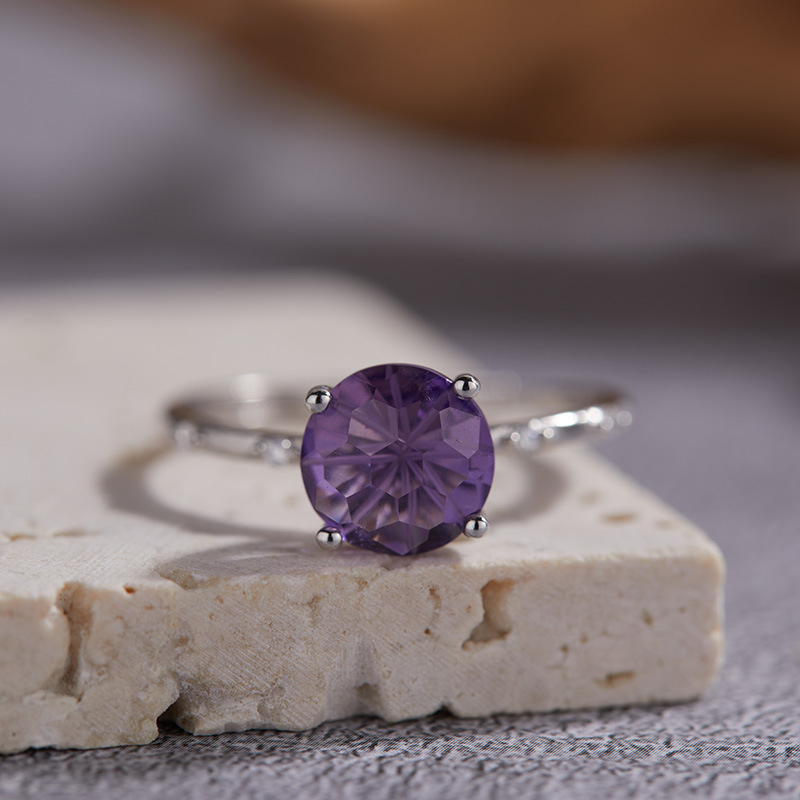 s925纯银镶天然紫水晶彩宝戒指女小众设计时尚圆形新款手饰品批发
