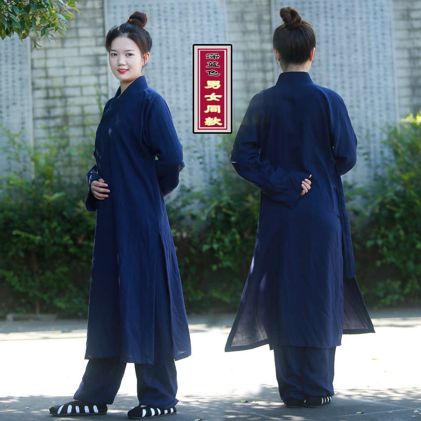 武当传统斜襟三清领亚麻道袍道衣道士服装男女太极服练功长款新品