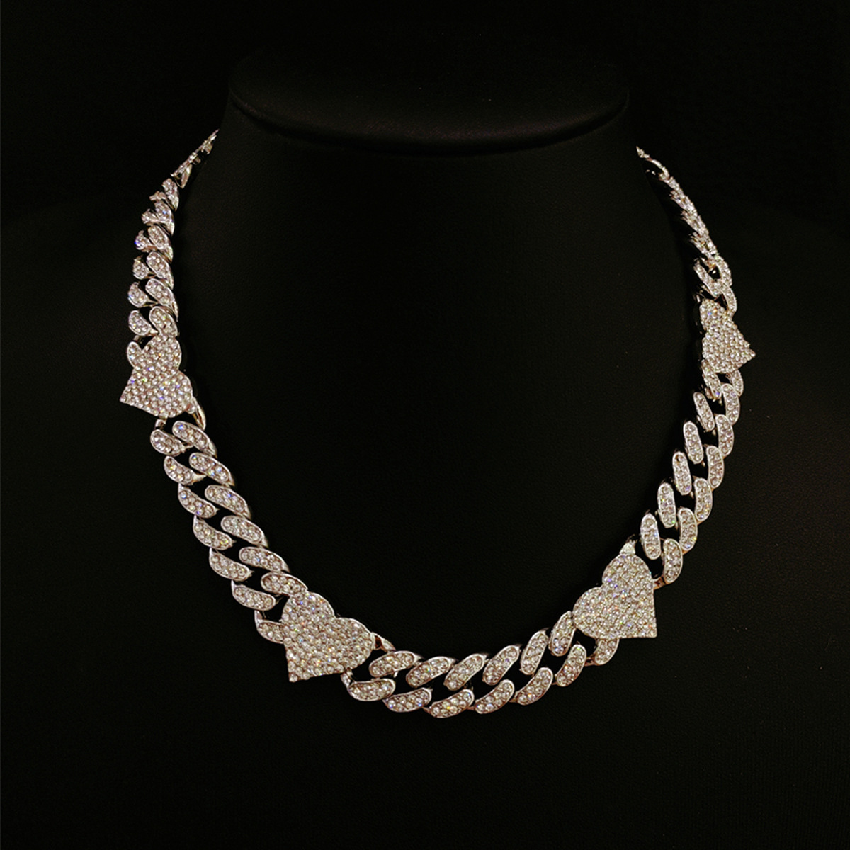 欧美跨境热销嘻哈心形镶钻古巴链男 ins新款时尚爱心情侣古巴项链