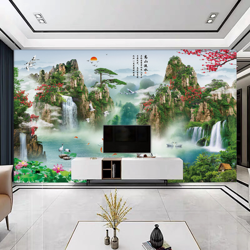 高山流水电视背景墙壁画山水风景客厅墙纸新中式影视墙布壁纸