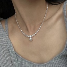 纯银碎银子月牙珍珠项链轻奢小众爆款微笑颈链4-9mm王妃锁骨链女