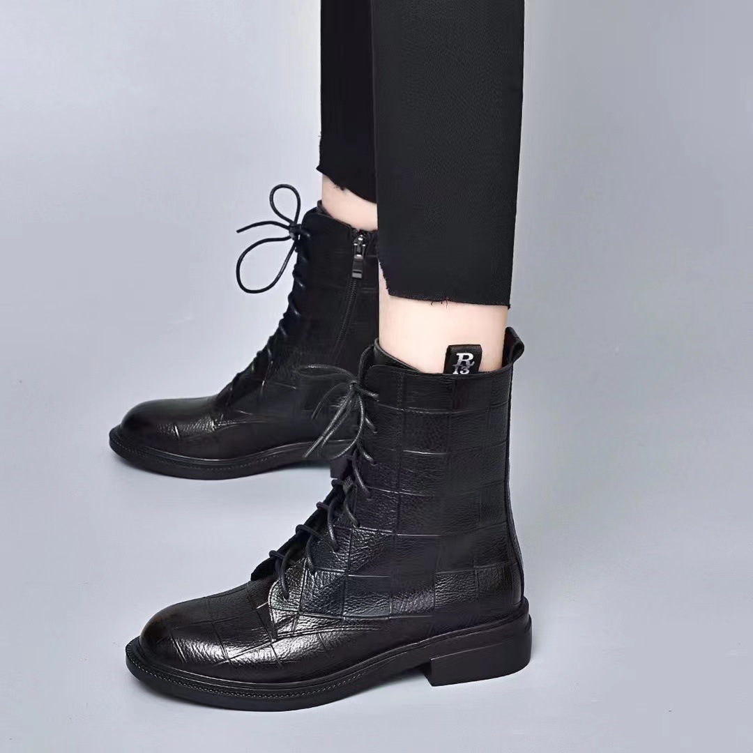 真皮平跟马丁靴女韩版百搭系带女靴低跟圆头踝靴粗跟侧拉链短筒靴