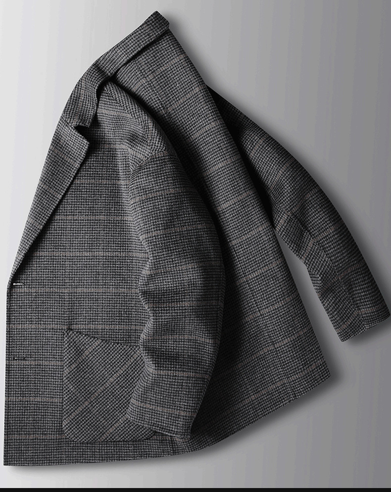 休闲羊毛西装男士宽松落肩版西服2021秋冬双面呢手工大衣格子外套