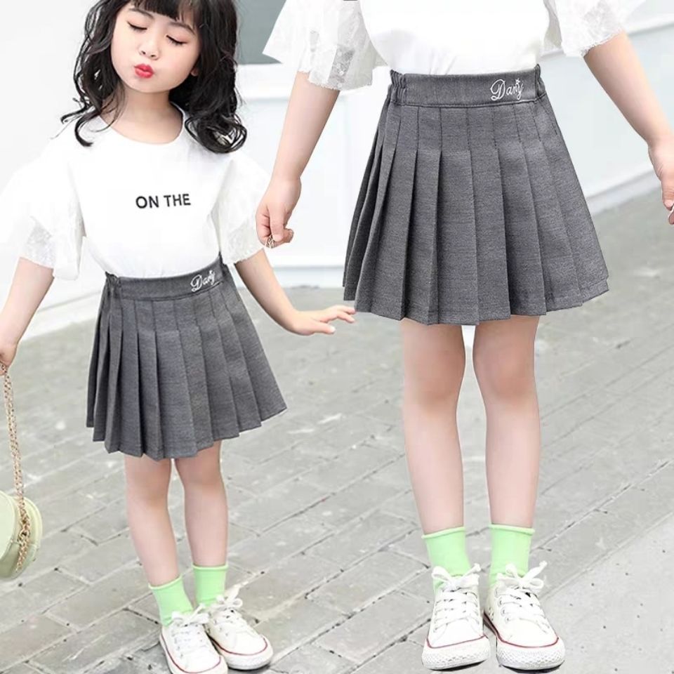 女童半身裙儿童短裙洋气百褶裙学校风黑色灰色裙小女孩中大童裙子