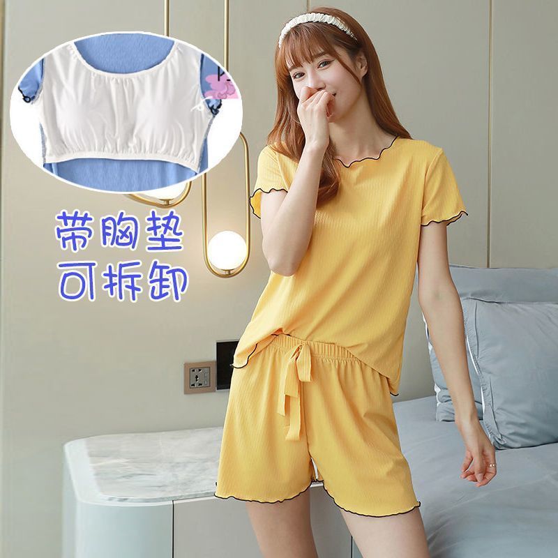 Ice Silk Pajamas Women's Pajamas with Chest Pad Summer Can Be Worn outside Loose Classic Style Homewear Summer Pajamas Suit