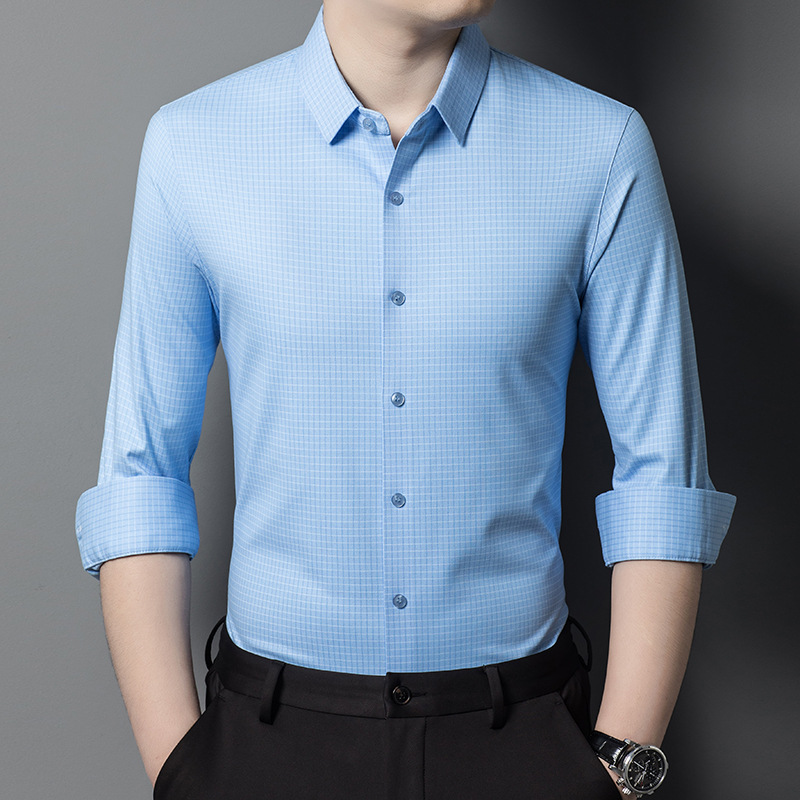 2023秋季时尚男士衬衫中年商务休闲免烫百搭舒适羊毛长袖衬衣高端