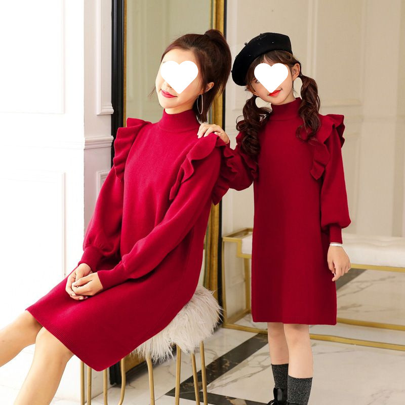过年衣服女童亲子装母女装洋气秋冬红色毛衣网红2024新年拜年服