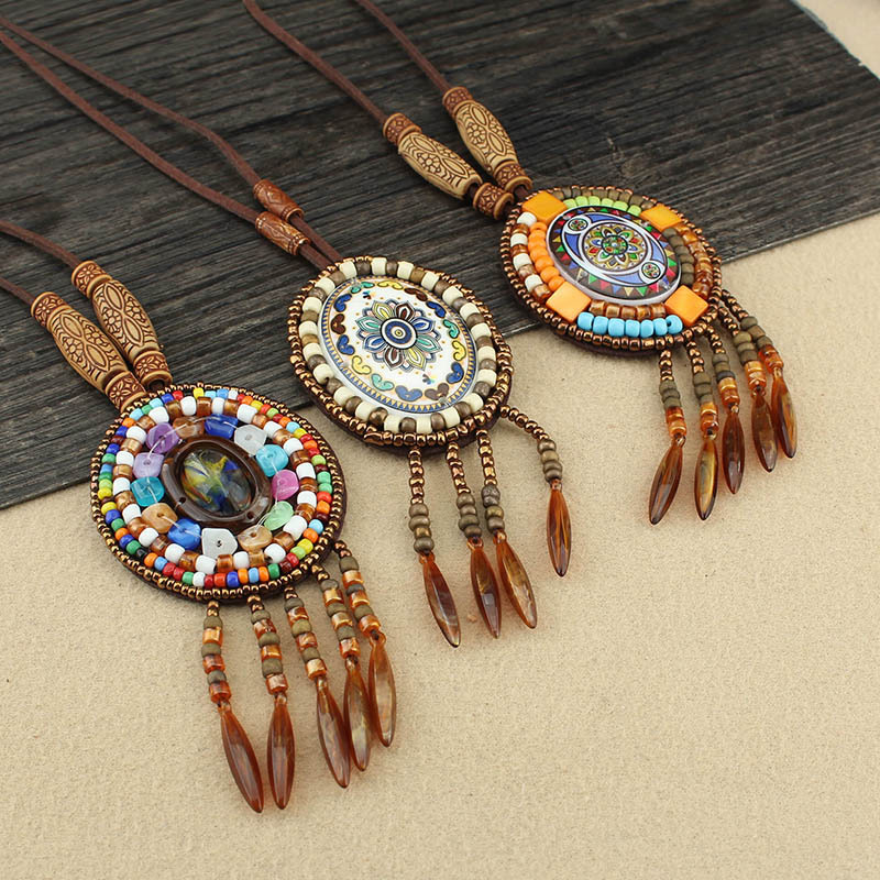 Retro Ethnic Style Necklace Long Bohemian Sweater Chain Men and Women All-Match Pendant Tassel Pendant Cotton and Linen Accessories