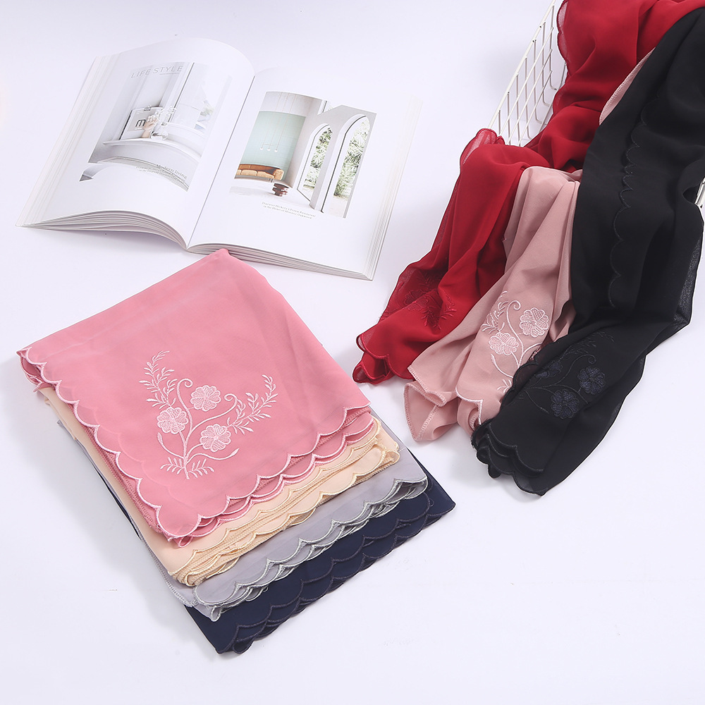 Cross-Border Wholesale Embroidered Chiffon Scarf Solid Color Malaysia Stretch Silk Satin Natural Zou Shawl Scarf