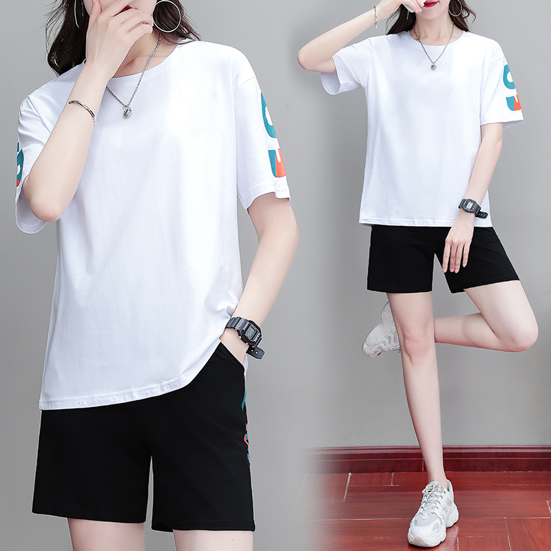 2024休闲运动套装女短袖短裤两件套夏款宽松大码跑步服可二开印花