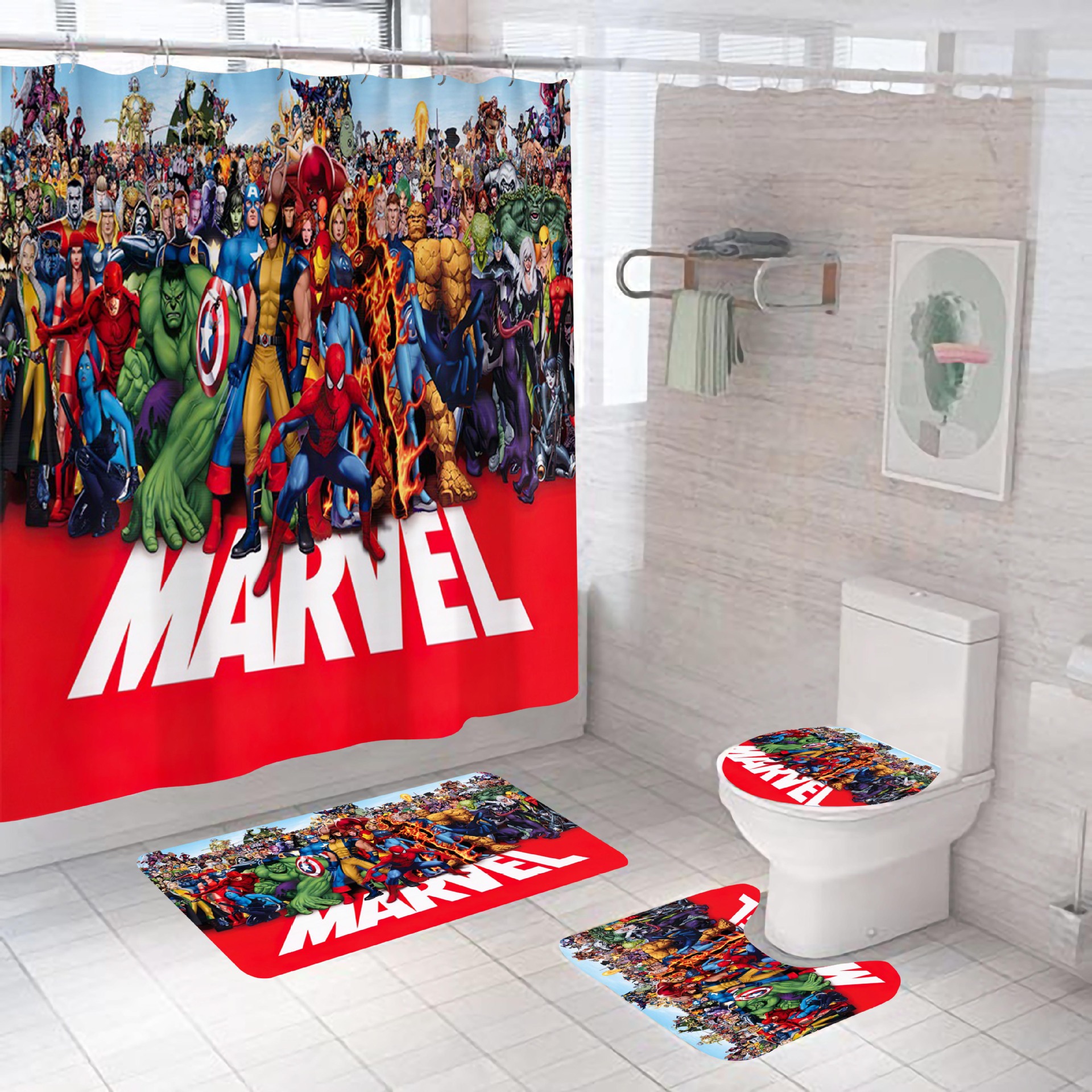 Cross-Border Hot Sale Marvel Marvel Heroes Series Waterproof and Mildew-Proof Polyester Shower Curtain Four-Piece Set Factory Direct Sales