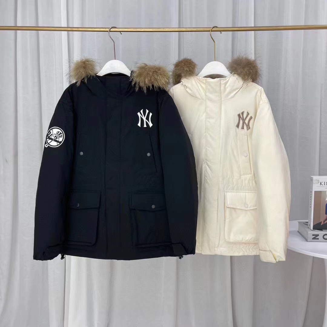 mlb冬季新款工装羽绒服女貂子毛领 ny字母刺绣男女中长款外套保暖