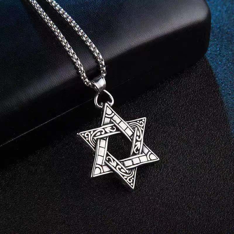 retro personalized hip hop six-pointed star titanium steel necklace pendant european and american men‘s and women‘s accessories titanium steel necklace personality necklace factory