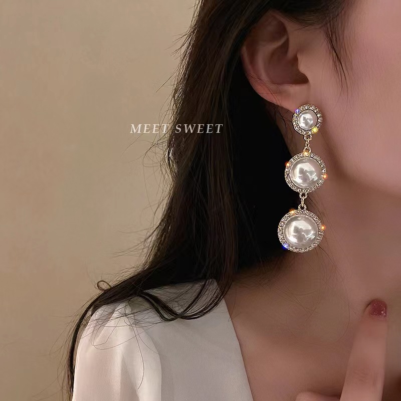 Simple Temperament Palace Style round Baroque Pearl Tassel Earrings Sterling Silver Needle Fashion Design Earrings