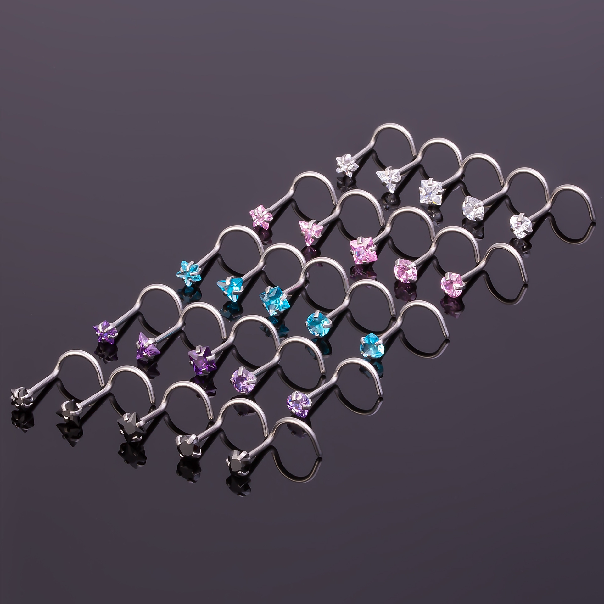 跨境新款混色皓石鼻饰几何型不锈钢直角鼻钉彩色镶钻穿刺假鼻环