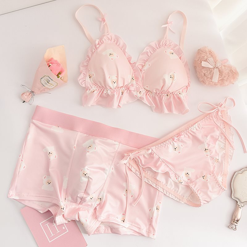 情侣内衣内裤套装三件套可爱薄款无钢圈文胸性感绑带内裤夫妻情调