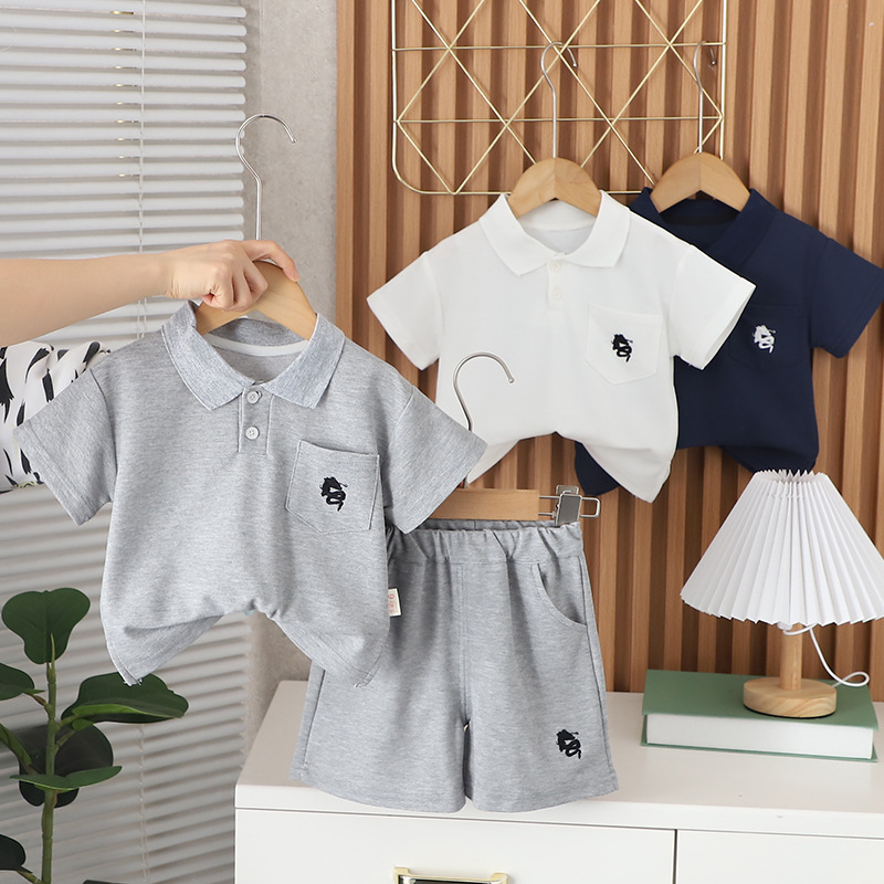 2024 Baby Boy Summer Clothes Suit New Western Style Girls Summer Handsome Short Sleeve Solid Color Polo Children Short Oversleeves