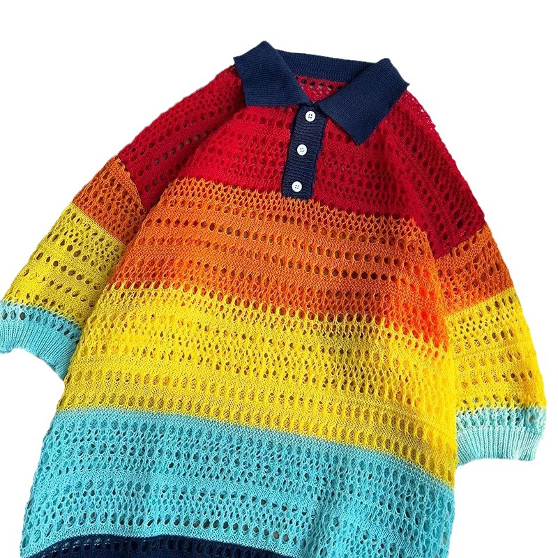 American Retro Loose Design Top 2023 Summer Colorful Striped Contrast Color Hollow Polo Knitwear Short Sleeve Men