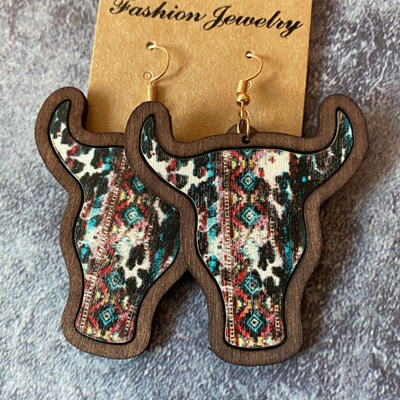 Cross-Border Western Retro Wooden Earrings Cow Head Inlaid Bohemian Style Earrings European and American Fashion Popular Ornament Supply