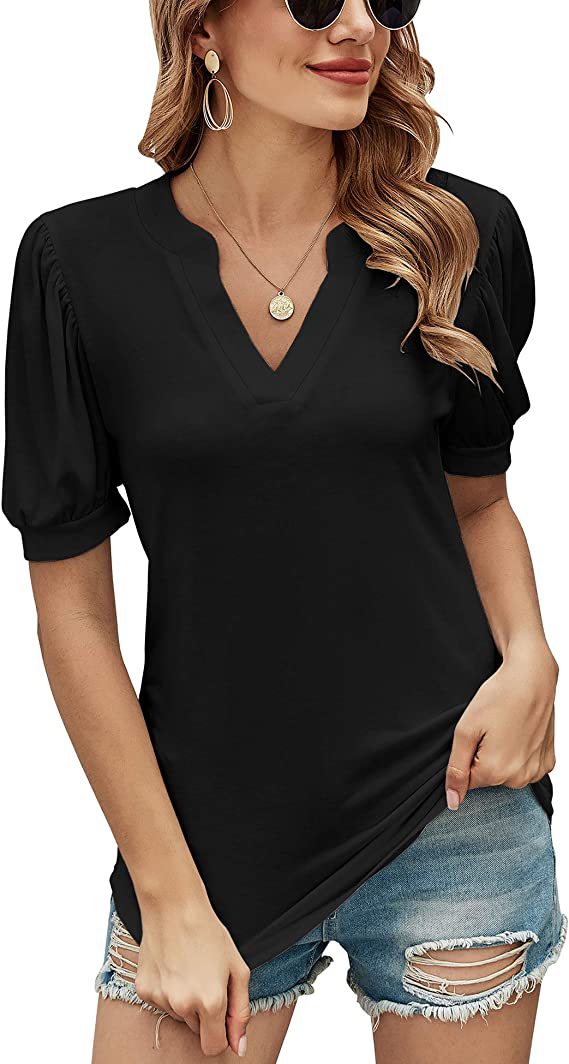 Europe and America Cross Border Women's Top 2022 Amazon Summer New Casual V-neck Solid Color Puff Sleeve Loose T-shirt for Women