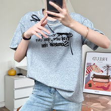 十三行钉珍珠短袖T恤女2024夏季新款韩版减龄字母印花圆领上衣
