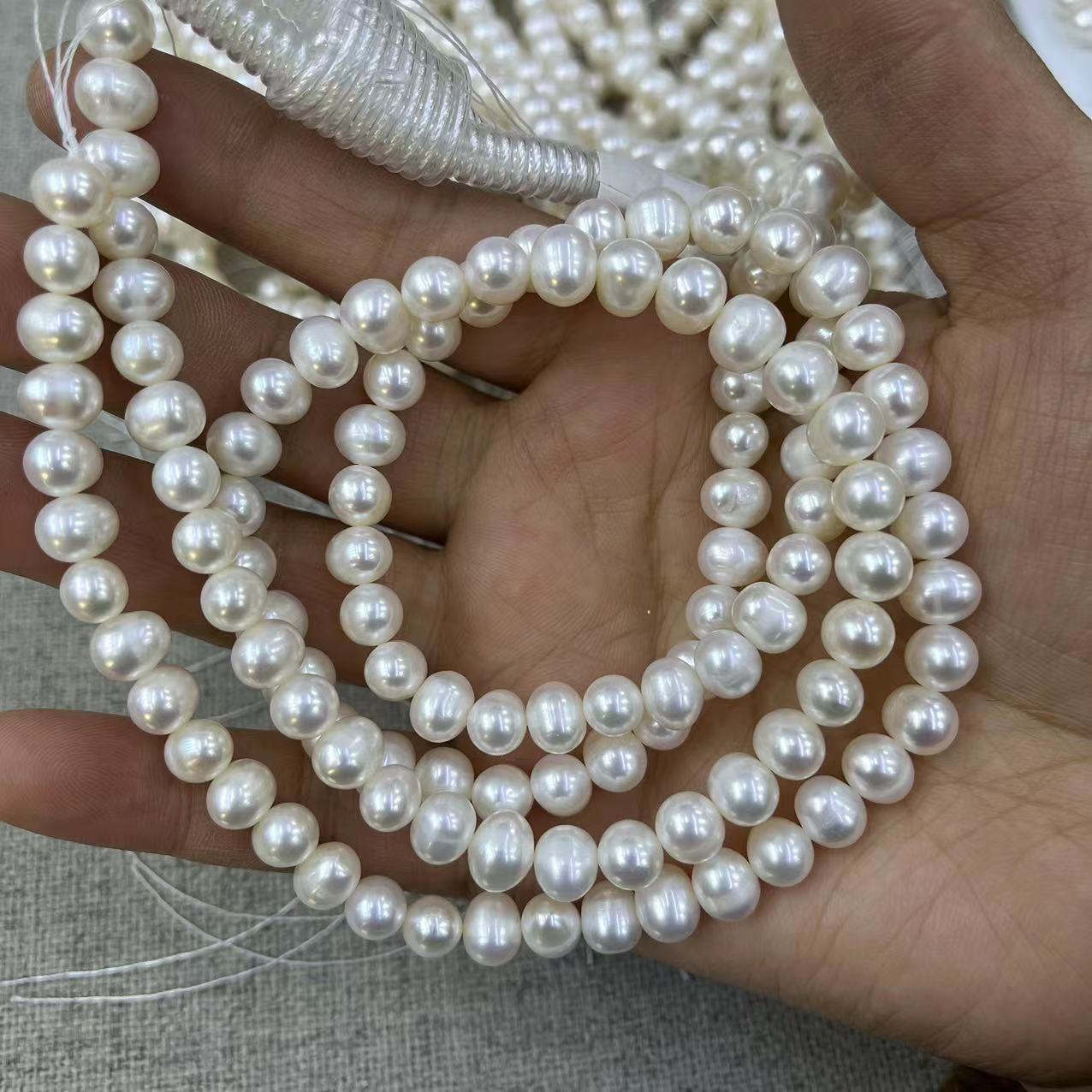 强光7-8mm近圆天然淡水珍珠冲头 无纹 diy饰品配件项链半成品批