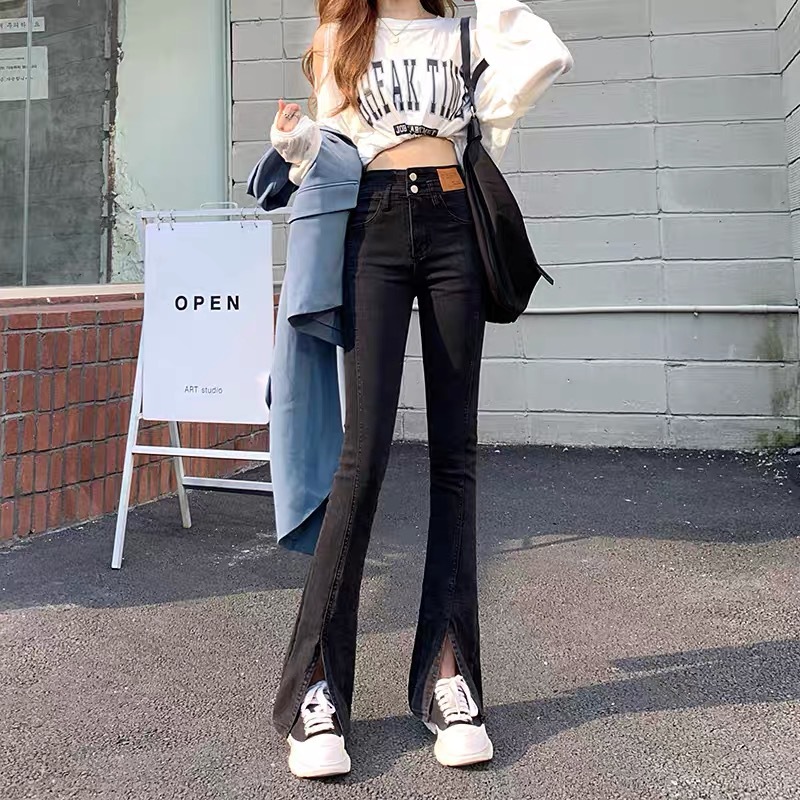   Front Slit Skinny Jeans for Women Spring and Summer New Elastic High Waist Tight Slimming Mopping Flared Pants