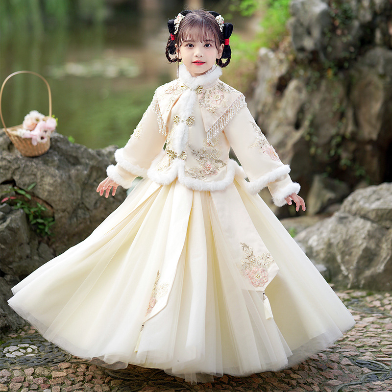 汉服女童冬季2023新款夹棉加厚古装儿童唐装古风小女孩中国风裙子