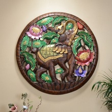 泰国实木雕刻大象圆形雕板东南亚木雕装饰画玄关过道墙饰壁挂
