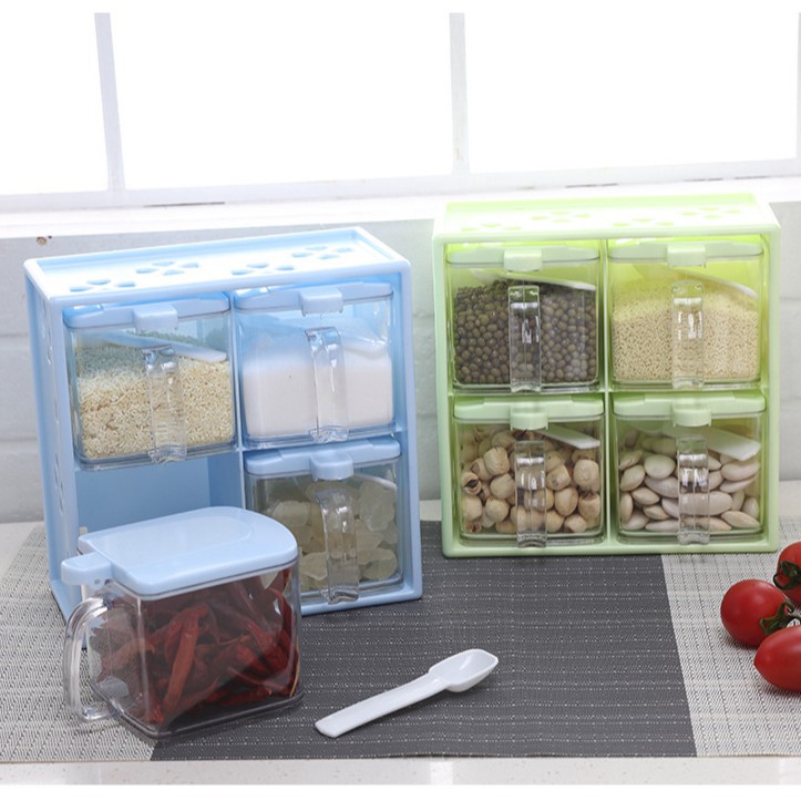 household kitchen wall-mounted drawer-style four-grid condiment dispenser transparent with spoon moisture-proof seasoning box suit japanese style