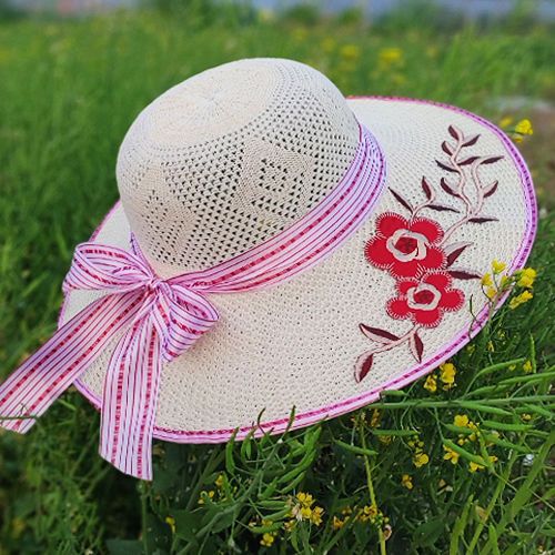 夏季可折叠遮阳帽子女防晒太阳帽大檐贴花针织帽透气妈妈采茶帽