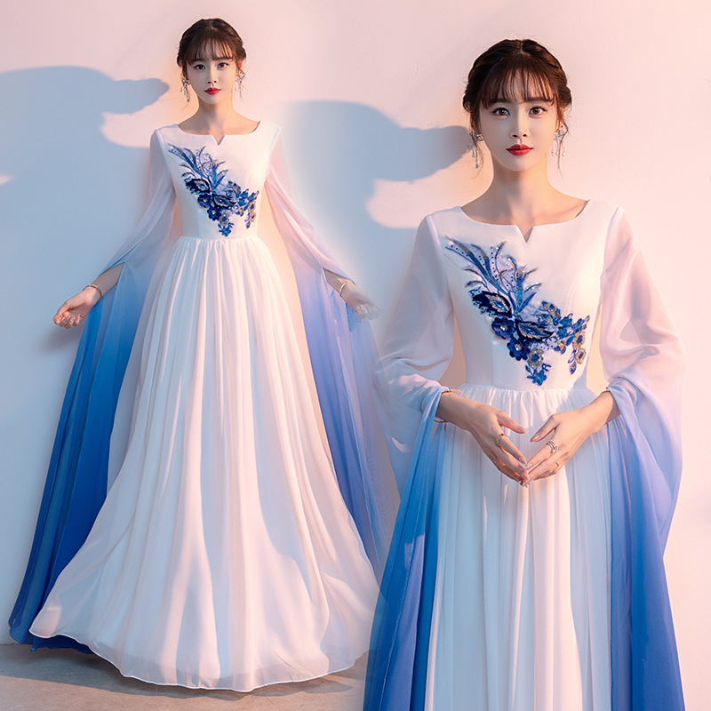 大合唱演出服女2023春季新款气质主持人古风学生古筝长袖演出礼服