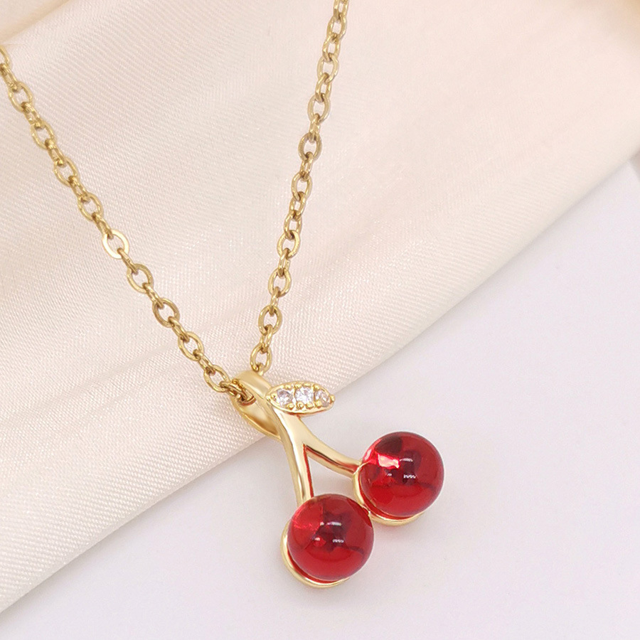 ins红色樱桃石榴石钛钢项链女款直播间饰品锁骨链欧美中东外贸首