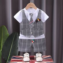 男童西装夏1周岁礼服男宝生日小童格子可爱2儿童西服男小西装套装