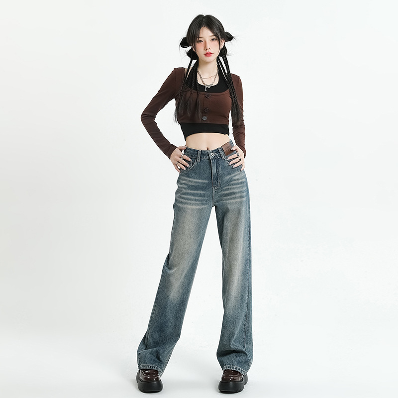 Retro Distressed Straight Jeans for Women 2023 Autumn New High Waist Loose and Slimming Wide Leg Mop Pants Fashion
