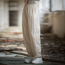 23冬季棉麻女装新款夹棉加厚保暖休闲裤绗缝竖格个性小众女式棉裤