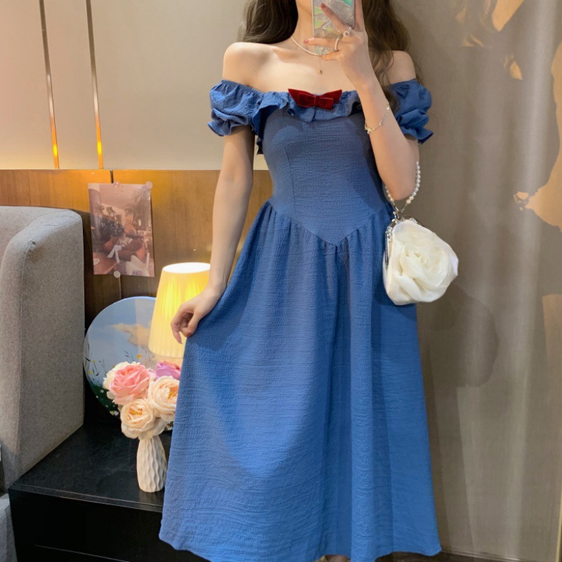 蓝色高腰公主裙图片