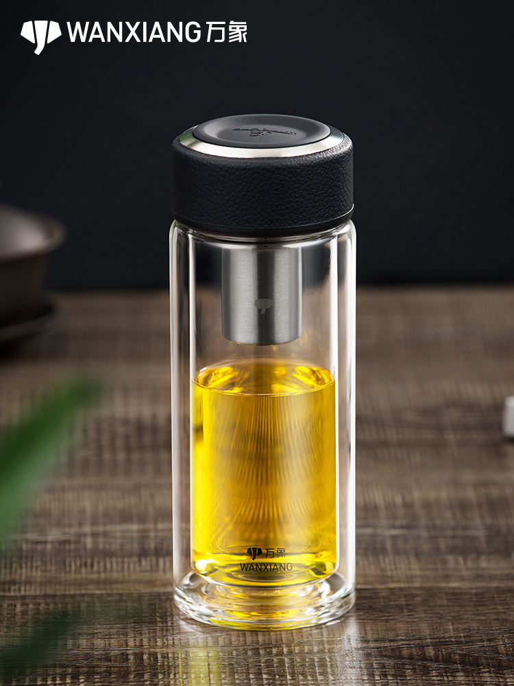 万象双层玻璃杯带滤网透明商务办公泡茶杯子男士便携车载水杯v20s