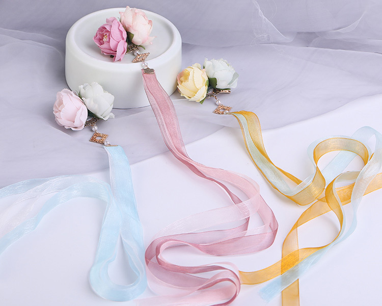 绢花发饰汉服配饰 长飘带后压发夹流苏边夹 古风饰品花朵丝带头饰