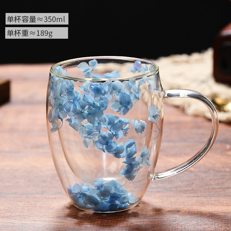 New Internet Celebrity Petals Quicksand Cup High-Looking Cross-Border Real Flower Double Layer Glass Cup Creative High Borosilicate Glasses