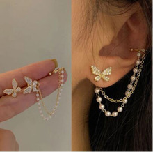925银针耳环高级感锆石蝴蝶珍珠链条流苏耳骨夹珍珠耳夹一体式