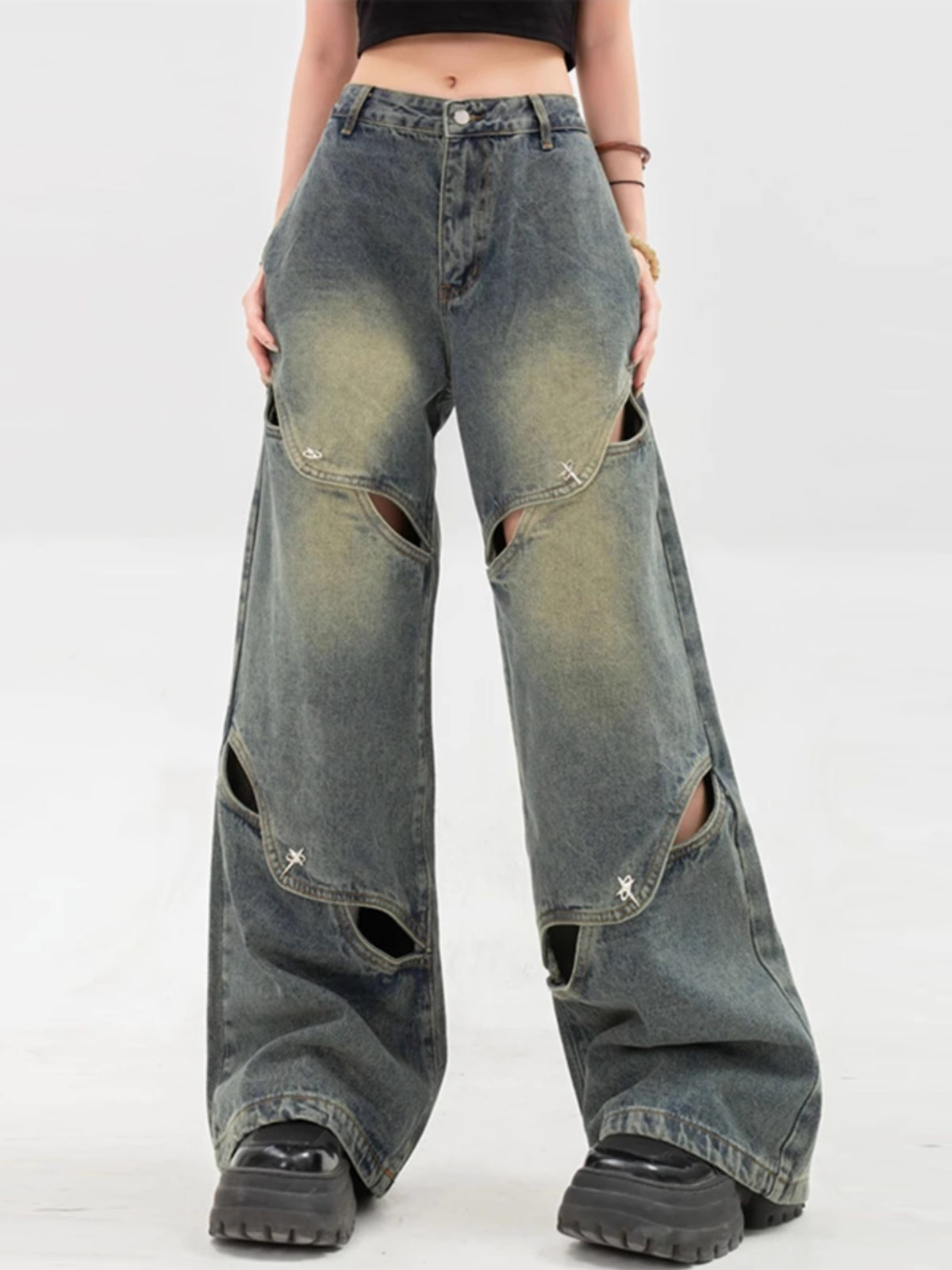 Niche Deconstruction Wide-Leg Jeans Women's American High Street Heavy Hollow Mop Pants Retro Design Long Pants Fashion