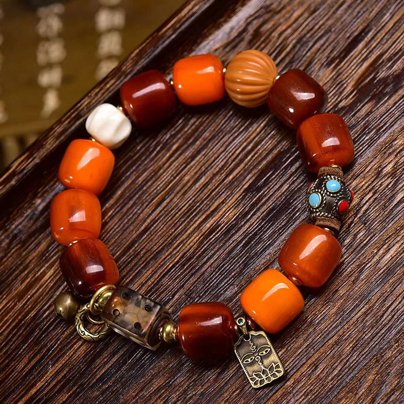 天然黄金甲桶珠山龟手串藏式文玩佛珠料器骰子尼泊尔铜珠配饰手链