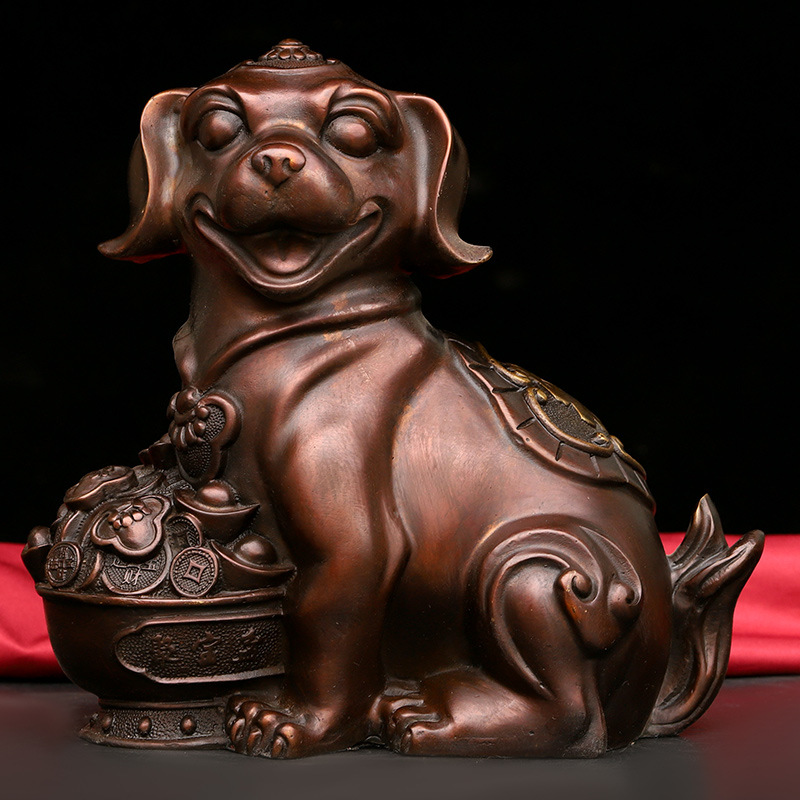 黄铜聚宝狗摆件 生肖金钱狗 坐地生财聚宝盆狗家居办公室风水摆设