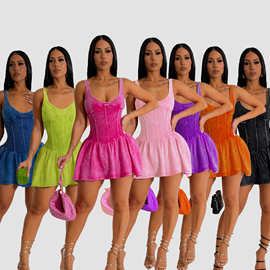 TW463时尚性感辣妹休闲做旧印花吊带拼接蓬蓬裙亚马逊外贸货源