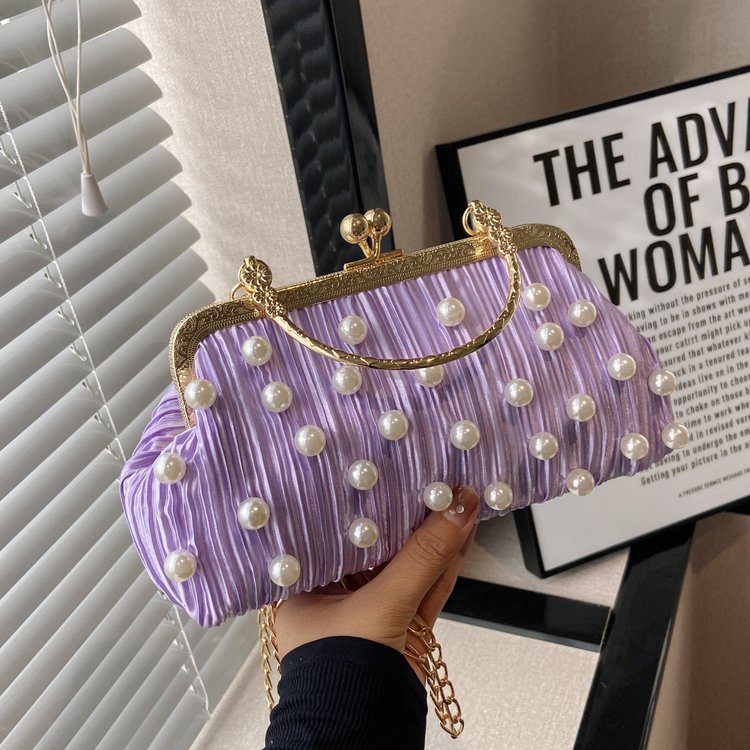 包包女小香风晚宴包珍珠手提包韩版时尚褶皱个性链条单肩斜挎小包