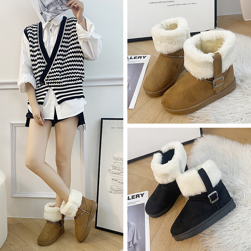 Thick Bottom Northeast Snow Boots Women's Autumn and Winter 2023 New Short Fur Booties Buckle plus Velvet Thick Cotton Shoes