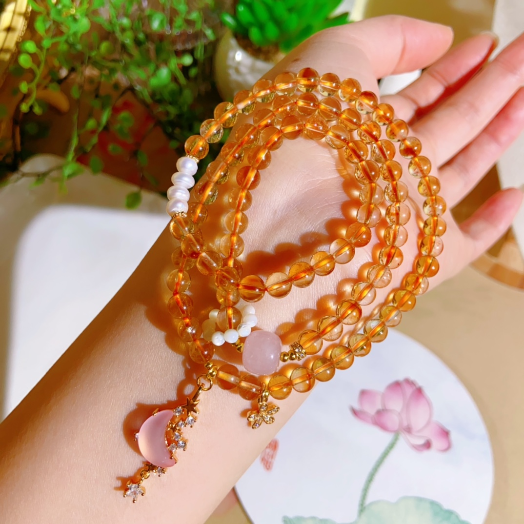 蓬森珠宝天然黄水晶三圈手链搭配天然珍珠粉晶白贝跑环中国风手串